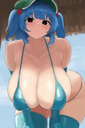 1girls armwear big_breasts bikini blue_bikini blue_hair breasts cap fat_thighs female hat huge_breasts light-skinned_female long_gloves moriforest1040 nitori_kawashiro solo solo_female thick_thighs thighhighs thighs touhou twintails wet_breasts