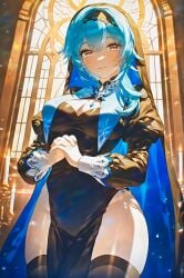 absurd_res ai_generated alternate_costume asymmetrical_hair black_dress black_hairband black_headwear black_thighhighs blue_cape blue_hair blue_hairband blush breast_curtains breasts brown_eyes candle candlestand cape church cleavage cleavage_cutout closed_mouth clothing_cutout coif covered_navel cowboy_shot cross dress eula_(genshin_impact) female from_below genshin_impact gradient_eyes groin habit hair_between_eyes hair_ornament hairband indoors interlocked_fingers jewelry juliet_sleeves large_breasts light_particles long_hair long_sleeves looking_at_viewer medium_breasts medium_hair ministro multicolored_eyes necklace no_panties nun own_hands_clasped own_hands_together pelvic_curtain pendant praying puffy_long_sleeves puffy_sleeves purple_eyes side_slit sidelocks smile solo stained_glass standing thick_thighs thighhighs thighs veil wide_hips window yellow_eyes