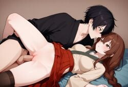 1boy 1girls ai_generated black_hair black_kimono blush braid breasts brown_eyes brown_hair canon_appearance canon_design clitoris clothed_sex clothes_lift collarbone consensual consensual_incest eye_contact father_and_daughter father_and_daughter_(lore) father_penetrating_daughter female green_eyes hair_between_eyes hakama hakama_skirt illustrious_(stable_diffusion) incest incest_(lore) japanese_clothes kimono long_hair long_sleeves looking_at_another lying mai_shishikusa male male/female masa_works_design medium_breasts milua no_panties on_back oni_to_kitsune_no_hanashi parental_incest parted_lips penis pussy red_hakama romantic self_upload sex short_hair single_braid skirt skirt_lift spread_legs straight testicles thighhighs tomonari_shishikusa uncensored vaginal_penetration wai-nsfw-illustrious-sdxl