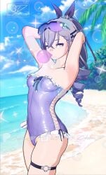 3d anime beach colorless_3d hands_behind_head honkai:_star_rail looking_at_viewer seductive_look silver_wolf_(honkai:_star_rail) swimsuit thighs