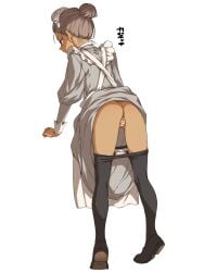 anus apron ass back bar_censor black_pantyhose brown_hair censored character_name clothes_lift clothes_pull commentary_request dress dress_lift expressionless female from_behind full_body grey_hair gundam gundam_gquuuuuux hair_bun hamao highres kanchana maid panties panty_pull pantyhose pantyhose_pull pussy simple_background solo tiptoes underwear white_panties