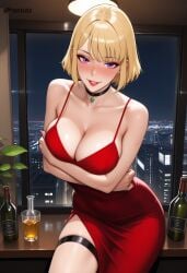 ai_generated big_ass blonde_hair blush cha_hae_in city drunk dtkai hands_under_breasts indoors jewelry large_ass large_breasts lights lipstick looking_at_viewer makeup night purple_eyes red_dress seductive_smile short_hair sky solo_leveling straps window