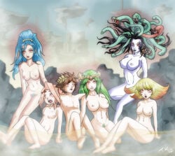 1boy 5girls amazon_pandora blonde_hair blue_hair bottomless brown_hair femsub green_hair hot_spring hot_springs hypnosis kid_icarus kid_icarus_uprising long_hair male_and_female_subs malesub medusa medusa_(kid_icarus) mind_control multiple_girls multiple_subs naked navel nintendo nude nude_female nude_male palutena phosphora pit pit_(kid_icarus) ponytail pubic_hair public red_eyes short_hair shrunken_irises snake_hair steam topless trishbot viridi water