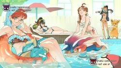 4girls abs ahoge alternate_hairstyle ariekochan ball beach_umbrella bikini black_hair blue_eyes blue_hair braid breasts brown_hair carmine_(pokemon) cleavage closed_mouth commission dark-skinned_female dark_skin eyewear_on_head female gen_1_pokemon glasses hairband innertube jacket juliana_(pokemon) koraidon large_breasts looking_at_viewer medium_breasts multicolored_hair multiple_girls navel nemona_(pokemon) nintendo on_innertube open_clothes open_jacket pawmot penny_(pokemon) pokemon pokemon_(creature) pokemon_sv ponytail pool red_hair single_braid sinistcha smile swim_ring swimsuit twitter_username two-tone_hair umbrella vaporeon wet yellow_eyes yellow_hairband