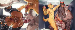 anthro anus balls bathroom bent_over canid canine canis captain_nikko cum cum_in_ass cum_inside cum_on_balls cum_on_penis desidobie desmond_(desi_dobie) doberman erection gaping gaping_anus golden_retriever group group_sex humanoid_penis low-angle_view male mammal muscular muscular_male nude penis public_restroom restroom_stall sex standing threesome worm's-eye_view yaoi