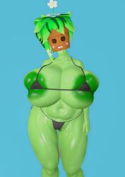 artist_request big_breasts bikini bikini_top blaster_master blaster_master_zero_2 breast_expansion huge_breasts kanna_(blaster_master) large_breasts massive_breasts plant plantigrade watering_can