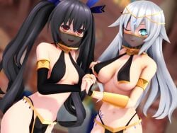 2girls 3d_(artwork) belly_button belly_dancer belly_dancer_outfit black_hair black_heart breasts cpu_(neptunia) female female_only light-skinned_female light_blue_eyes light_skin lrvtledhol mmd neptunia_(series) noire red_eyes twintails white_hair