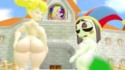 2girls 3d 3d_(artwork) ass ass_focus big_ass big_breasts big_butt breasts catmario157 completely_nude fart fart_fetish female female_only mario_(series) naked naked_female nude nude_female pomni_(the_amazing_digital_circus) princess_peach sfm source_filmmaker the_amazing_digital_circus