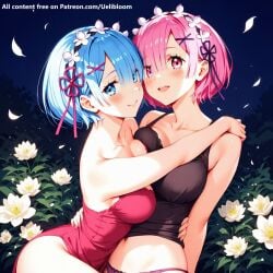 2girls ai_generated blue_eyes blue_hair female hug passionate pink_eyes pink_hair ram_(re:zero) re:zero_kara_hajimeru_isekai_seikatsu rem_(re:zero) underwear