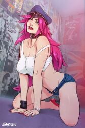 1futa booty_shorts bracelets canon_futa choker confident confident_futa crop_top final_fight heels jiangshi_(artist) long_hair painted_nails pink_hair pinup pinup_pose poison_(final_fight) red_lipstick red_nails sexy_pose short_shorts solo solo_focus solo_futa street_fighter trans_woman transfem transgender transgender_woman transgender_woman_(lore)
