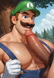 2boys ai_generated armpit_hair balls bara big_muscles big_penis blue_eyes blue_overalls body_hair brown_hair chest chest_hair clothing daddy dilf duo erection faceless_male facial_hair gay genitals green_hat hairy_male hat huge_cock javier874 large_muscles large_penis light-skinned_male light_skin luigi male male/male male_nipples mario_(series) mature mature_male mostly_nude moustache muscles muscular muscular_male nintendo nipples open_mouth outdoors pecs penis pubic_hair sweat sweating teeth testicles thick_penis trees unseen_male_face vein veiny_penis white_gloves woods