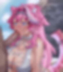 1boy animal_ears animated audible_speech beach blue_eyes blush breasts cleavage cum cum_in_mouth cum_on_body ejaculation english_audio facial fellatio female freeze-ex glowing glowing_eyes high_ponytail hololive hololive_english large_breasts long_hair mieramommy_(voice_actor) ocean one-piece_swimsuit oral panther_ears panther_girl panther_tail penis pink_hair pink_tail ponytail raora_panthera solo_focus sound straight swimsuit tagme tail tongue tongue_out uncensored video virtual_youtuber white_one-piece_swimsuit