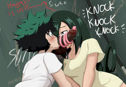 1girls 2boys bathroom big_penis bisexual bisexual_male blowjob blush both_sexes_in_same_situation collaborative_fellatio dark-skinned_male dark_skin double_fellatio english_text fellatio female freako freckles gay glory_hole graffiti interracial izuku_midoriya male mmf_threesome my_hero_academia oral oral_sex straight teamwork text threesome tonguejob tsuyu_asui yaoi