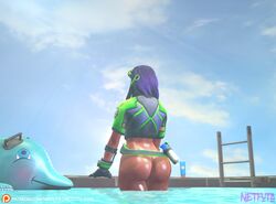 3d big_ass brown_skin netfuta overwatch pool purple_hair sombra sunlight sunlotion swimwear tulum_sombra