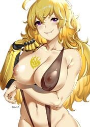 1girls areolae big_breasts blonde_hair blush breasts female female_only long_hair lulu-chan92 nipples prosthetic prosthetic_arm purple_eyes robotic_arm rwby see-through_bikini sling_bikini sling_bikini_aside smile solo yang_xiao_long