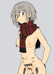 after_sex blush body_writing breasts cum cum_in_pussy female female grey_hair naked_scarf nipple_piercing nipples ootorii_bisetsu original piercing pubic_hair scarf short_hair smile solo tally