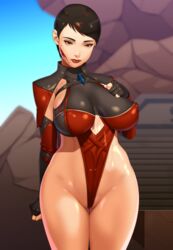 2d big_breasts breasts cleavage female female_only large_breasts looking_at_viewer mortal_kombat mortal_kombat_11 shiory short_hair skarlet skarlet_(mk11) solo tight_clothing