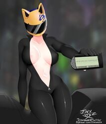 bodysuit breasts celty_sturluson cleavage durarara!! female female_only jinx-wuz-here looking_at_viewer solo zipper_pull_tab