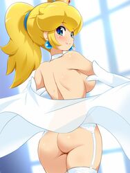 1girls ass blonde_hair blue_earrings blue_eyes blush breasts choker covering crown earrings elbow_gloves female female_only garter_belt garter_straps gloves human konpeto looking_back mario_(series) nintendo no_bra no_panties ponytail princess_peach sideboob smile solo stockings super_mario_odyssey thick_thighs thighs wedding_dress wedding_veil white_gloves wind_lift