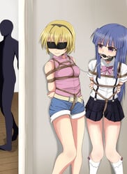 07th_expansion 2girls arms_behind_back ball_gag black_ball_gag blindfold blonde_hair blue_hair blue_skirt blush bondage bound bound_arms chains crotch_rope female femsub femto(artist) furude_rika gag gagged hairband hands_behind_back higurashi_no_naku_koro_ni houjou_satoko long_hair multiple_girls multiple_subs purple_eyes rope saliva shirt shorts skirt socks standing tears teeth tied_up white_shirt white_socks