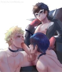 3boys atlus balls black_jacket blonde_hair blue_eyes blue_hair bottomless brown_hair chair clothing collaborative_fellatio collar color domino_mask erection fellatio gay gloves gold_eyes hand_under_chin high_collar human licking_penis looking_down male male_only mask masked_male megami_tensei mmm_threesome nipples nude oral oral_sex pale_skin penis persona persona_5 phantom_thief_suit pink_nipples red_eyes red_gloves reddverse ren_amamiya ryuji_sakamoto shin_megami_tensei short_blonde_hair short_blue_hair sitting smile smiling testicles threesome twink two_subs_one_dom uncensored yaoi yellow_eyes yusuke_kitagawa