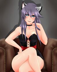 blush cat_ears cleavage clothed enkashiahara fangs leather legs_crossed lingerie long_hair looking_at_viewer neko nonude purple_hair seated