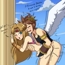 1boy 1girls against_wall angel angel_wings black_topwear blonde_hair blue_sky blush brown_hair closed_eyes crossover dialogue female grabbing grabbing_from_behind humanoid humanoid_on_humanoid hylian kid_icarus male mergeritter mostly_nude nintendo one_eye_closed pit_(kid_icarus) princess_zelda pussy_juice royalty sex speed_lines super_smash_bros. sweat tears text the_legend_of_zelda thrusting tiara twink vagina wings zelda_(a_link_between_worlds)