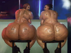 2girls annoyed artist_name ass ass_tattoo ass_to_ass back_tattoo back_view backboob bbw big_ass big_breasts big_lips black_hair breasts brown_hair chair chubby cornrows dark-skinned_female dark_skin dat_ass duo eyeshadow fat_ass female female_only footwear high_heels huge_ass huge_breasts human humiliating_tattoo lipstick looking_at_viewer looking_back makeup mature mature_female milf multiple_girls naked_footwear nude original plump presenting_hindquarters public public_nudity realistic rear_view shiny_skin short_hair sitting slightly_chubby stool stripper stripper_pole tattoo thick_lips thick_thighs ugly_female vkorg voluptuous