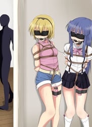 07th_expansion 2girls arms_behind_back ball_gag black_ball_gag blindfold blonde_hair blue_hair blue_skirt blush bondage bound bound_arms chains crotch_rope female femsub femto(artist) furude_rika gag gagged hairband hands_behind_back higurashi_no_naku_koro_ni houjou_satoko long_hair multiple_girls multiple_subs open_mouth purple_eyes rope saliva shirt shorts skirt slq socks standing tears teeth tied_up vibrator white_shirt white_socks