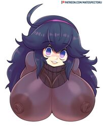 1girls :3 ahoge alternate_breast_size areolae big_nipples blush breasts bust bust_style busty dress eye_contact female female_only hairband hex_maniac huge_breasts human long_hair looking_at_viewer matospectoru nintendo nipples pokemon pokemon_xy purple_eyes purple_hair see-through smile solo spiral_eyes teeth text url watermark white_background