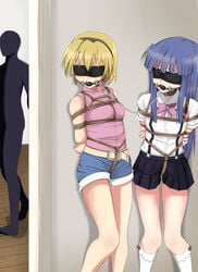 07th_expansion 2girls arms_behind_back ball_gag black_ball_gag blindfold blonde_hair blue_hair blue_skirt blush bondage bound bound_arms chains crotch_rope female femsub femto(artist) furude_rika gag gagged hairband hands_behind_back higurashi_no_naku_koro_ni houjou_satoko long_hair multiple_girls multiple_subs open_mouth purple_eyes rope saliva shirt shorts skirt socks standing tears teeth tied_up white_shirt white_socks