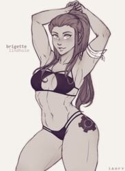 2d armpits blush breasts brigitte brigitte_lindholm cleavage female female_only iahfy looking_at_viewer monochrome muscles muscular muscular_female overwatch solo tattoo