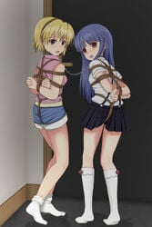 07th_expansion 2girls blonde_hair blue_hair blue_skirt bound chains femto(artist) furude_rika hairband hands_behind_back higurashi_no_naku_koro_ni houjou_satoko long_hair multiple_girls no_shoes purple_eyes shirt shorts skirt socks standing white_shirt white_socks