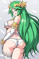 1girls ass big_ass big_breasts bra breasts busty clothing curvy elbow_gloves eyelashes female female_only gloves goddess gold_jewelry green_eyes green_hair grey_background hair_ornament highres kid_icarus kid_icarus_uprising legwear lewdamone long_green_hair long_hair looking_at_viewer looking_back looking_over_shoulder nintendo palutena panties presenting presenting_hindquarters sexually_suggestive shiny_hair shiny_skin simple_background skimpy smile solo solo_female standing stockings thick_thighs thighhighs tongue tongue_out underboob underwear underwear_only white_bra white_gloves white_legwear white_panties white_stockings white_thighhighs white_underwear wide_hips