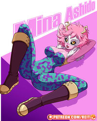 1girls 2d black_sclera bodysuit boots clothed female full_color fully_clothed hero_outfit_(mha) horns latex latex_suit mina_ashido my_hero_academia no_penetration no_sex open_legs open_mouth patreon pink_hair pink_skin reit short_hair skin_tight solo solo_female solo_focus spandex yellow_eyes