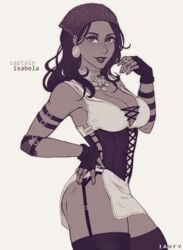 breasts cleavage dragon_age dragon_age_2 female female_only iahfy isabela looking_at_viewer monochrome solo thighhighs