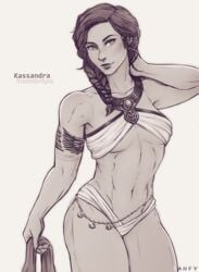 1girls abs arm_up armlet assassin's_creed_(series) assassin's_creed_odyssey braid braided_ponytail breasts character_name cleavage female female_only hair_over_shoulder iahfy kassandra looking_at_viewer monochrome muscles muscular muscular_female navel simple_background small_breasts smile solo toned ubisoft white_background