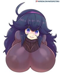 1girls ahoge alternate_breast_size blush breasts bust bust_style busty dress eye_contact female female_only hairband hex_maniac huge_breasts human long_hair looking_at_viewer matospectoru nintendo pokemon pokemon_xy purple_eyes purple_hair smile solo spiral_eyes teeth text url watermark white_background