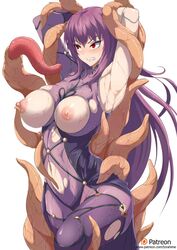 blush bodysuit breasts fate/grand_order fate_(series) female gritted_teeth imminent_rape large_breasts long_hair nipples purple_hair red_eyes restrained scathach_(fate) shiny skin_tight tagme tentacle torahime torn_clothes