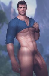 1boy 1male abs bara blue_shirt bottomless bottomless_male drawnpr0n eight_pack flaccid human human_only male male_focus male_only muscles muscular nathan_drake outdoors pecs pectorals penis penis_out pubes pubic_hair semi-erect shirt shirt_lift shirt_up solo solo_male uncharted video_games white_male