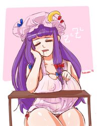 belly blush chubby closed_eyes drooling large_breasts long_hair nipple_bulge nipple_slip nipples panties patchouli_knowledge purple_hair rakuoni see-through side-tie_panties sleeping thighs touhou