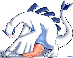 2019 animal_genitalia big_penis blush erection feral legendary_pokémon looking_at_viewer lugia male male_only nintendo penis pokemon pokemon_(species) secrets-from-dark simple_background solo sweat video_games white_background wings