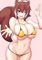 1girls ;) animal_ears antenna_hair big_breasts bikini blazblue blush bracelet breasts brown_eyes brown_hair bursting_breasts cleavage clothed curvy female female_only fur hair_between_eyes hand_gesture hand_up hands hi_res highres hips huge_breasts human humanoid jewelry kemonomimi large_breasts lowleg lowleg_bikini makoto_nanaya micro_bikini multicolored_hair navel one_eye_closed open_mouth plump puffy_nipples shiny shiny_skin short_hair simple_background skindentation smile solo squirrel_ears squirrel_tail swimsuit tail tanabe_(studio_tiamat) thigh_gap two-tone_hair underboob white_hair wink wristband