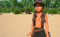 1girls 3d artist_name bare_shoulders beach big_breasts brown_gloves brown_hair busty cleavage curvy detailed_background eyelashes female female_only fingerless_gloves front_view gloves goggles green_eyes gun half-dressed half_dressed helmet hourglass_figure human jyn_erso kondaspeter necklace no_bra outdoor outside pose posing rogue_one:_a_star_wars_story sand scarif shadow shiny shiny_skin shoes short_hair sniper_rifle solo standing star_wars thong topless vest voluptuous weapon wide_hips