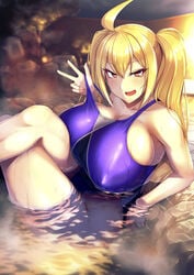 1girls 8000 ahoge bangs blonde_hair blue_swimsuit blush borrowed_character breasts competition_swimsuit elbow_gloves erect_nipples eyebrows_visible_through_hair fang female hair_between_eyes haks half-closed_eyes huge_breasts legs_crossed long_hair looking_at_viewer night one-piece_swimsuit onsen open_mouth original partially_submerged reclining saaya_(kirome) sauna see-through smile solo steam swimsuit swimsuit_tug twintails virtual_youtuber wet