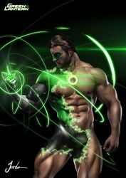 1boy 2018 abs artist_signature bara brown_hair bulge dc dissolving_clothes erect_nipples green_lantern green_lantern_(series) green_lantern_corps hal_jordan human human_only jorden_arts male male_only mask muscles muscular muscular_male partially_clothed patreon ring solo superhero undressing