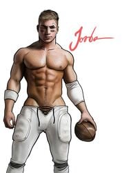 1boy abs athlete athletic bandage bandage_on_face bara blonde blonde_hair body_hair hairy hairy_chest hairy_male human human_only jorden_arts male male_nipples male_only male_pubic_hair muscle muscles muscular_male nfl pecs pectorals pose posing red_eyes simple_background softcore solo sports standing tight_clothing tight_pants topless uniform white_background