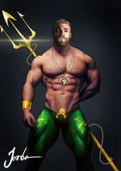 1boy abs aquaman aquaman_(series) artist_signature bara beard blonde_hair blue_eyes bulge chest_hair dc erect_nipples facial_hair gold_chain hand_behind_back holding_weapon human jorden_arts justice_league male male_only muscles muscular muscular_male partially_clothed realistic shark_teeth shirtless solo source_request superhero thick_thighs tight_pants topless trident