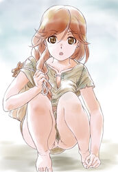 10s :o anus bag barefoot blush braid breasts brown_eyes brown_hair clothing dress feet female hai_to_gensou_no_grimgar long_hair looking_at_viewer marutaya no_panties open_mouth pussy pussy_peek single_braid solo squatting surprised toes tunic uncensored yume_(grimgar)