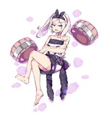 bare_legs barefoot bucket crossed_arms crossed_legs dark_persona feet female fire_emblem fire_emblem_awakening full_body graysheartart grima_(fire_emblem) hairband legs naked_towel open_mouth red_eyes robin_(fire_emblem) robin_(fire_emblem)_(female) simple_background solo tied_hair towel twintails white_background white_hair wooden_bucket